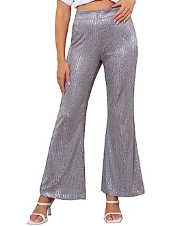 ALISISTER Womens Sequin Pants High Waist Glitter Bell Bottoms Sparkle Wide Leg Palazzo Flared Trousers