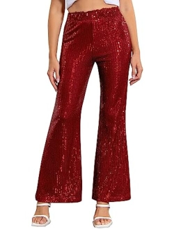 ALISISTER Womens Sequin Pants High Waist Glitter Bell Bottoms Sparkle Wide Leg Palazzo Flared Trousers