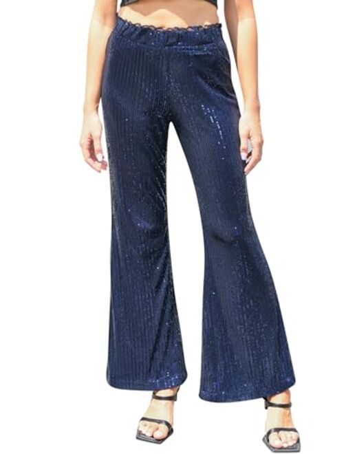 ALISISTER Womens Sequin Pants High Waist Glitter Bell Bottoms Sparkle Wide Leg Palazzo Flared Trousers