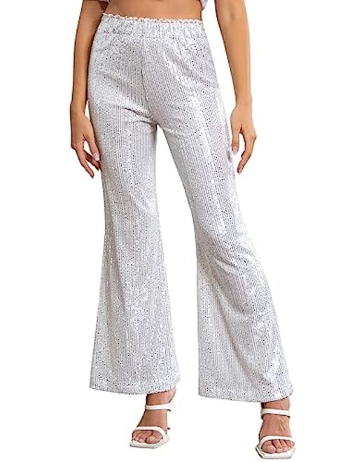 ALISISTER Womens Sequin Pants High Waist Glitter Bell Bottoms Sparkle Wide Leg Palazzo Flared Trousers