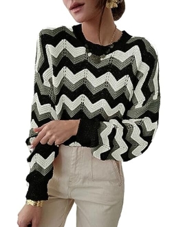 Women's 2023 Long Sleeve Crew Neck Striped Color Block Hollow Out Knitted Pullover Sweater Tops