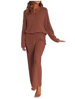 Pajamas Set Women Long Sleeve 2 Piece Outfits Knit Sweater Slouchy Button Sleepwear Sets with Wide Leg Pants