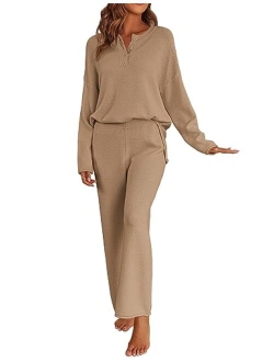 Pajamas Set Women Long Sleeve 2 Piece Outfits Knit Sweater Slouchy Button Sleepwear Sets with Wide Leg Pants