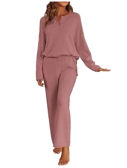 Pajamas Set Women Long Sleeve 2 Piece Outfits Knit Sweater Slouchy Button Sleepwear Sets with Wide Leg Pants