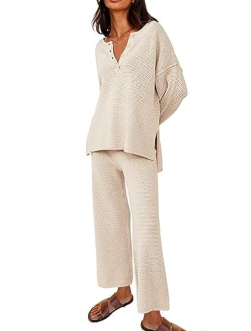 Ekouaer Pajamas Set Women Long Sleeve 2 Piece Outfits Knit Sweater Slouchy Button Sleepwear Sets with Wide Leg Pants