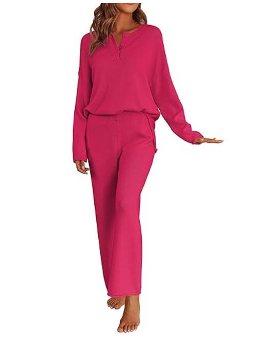 Ekouaer Pajamas Set Women Long Sleeve 2 Piece Outfits Knit Sweater Slouchy Button Sleepwear Sets with Wide Leg Pants