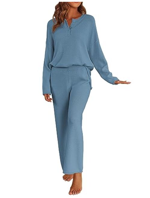 Ekouaer Pajamas Set Women Long Sleeve 2 Piece Outfits Knit Sweater Slouchy Button Sleepwear Sets with Wide Leg Pants