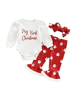 TRURENDI Baby Girl My First Christmas Outfits Long Sleeve Letters Romper Flared Pants With Hat Set Christmas Clothes