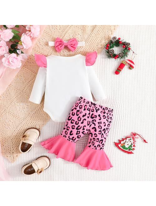 TRURENDI Baby Girl My First Christmas Outfits Long Sleeve Letters Romper Flared Pants With Hat Set Christmas Clothes