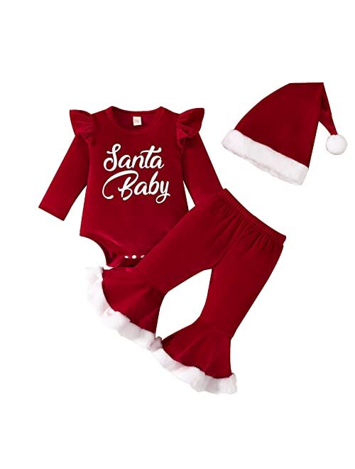 TRURENDI Baby Girl My First Christmas Outfits Long Sleeve Letters Romper Flared Pants With Hat Set Christmas Clothes