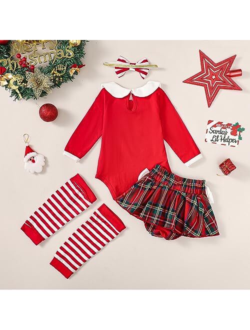 Aslaylme Newborn Girl Christmas Clothes Baby Xmas Outfit Merry Christmas Bodysuit Plaid Skirt Set