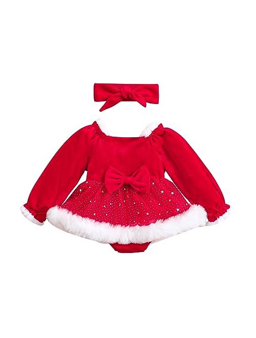 Yccutest Newborn Baby Girls Christmas Romper Dress Fur Trim Mesh Skirts Bodysuits Velvet Xmas Outfits Winter Clothes