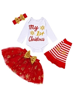 Grnshts My First Christmas Clothes Baby Girls My 1st Christmas Romper Top+Dot Tutu Skirt+Leg Warmers+Headband 4Pcs Outfit Set