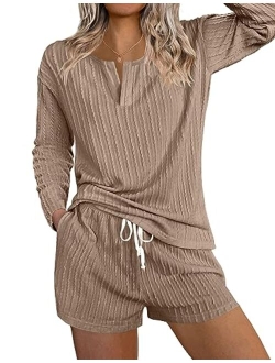 Womens 2 Piece Lounge Sets Ribbed Knit Pajama Tops Sleepwear Sweatsuits Matching Shorts with Pockets