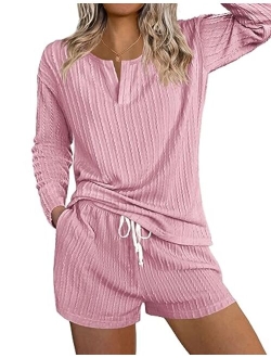 Womens 2 Piece Lounge Sets Ribbed Knit Pajama Tops Sleepwear Sweatsuits Matching Shorts with Pockets