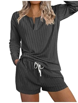 Womens 2 Piece Lounge Sets Ribbed Knit Pajama Tops Sleepwear Sweatsuits Matching Shorts with Pockets