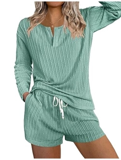 Womens 2 Piece Lounge Sets Ribbed Knit Pajama Tops Sleepwear Sweatsuits Matching Shorts with Pockets