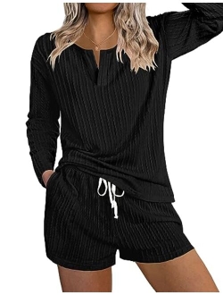 Womens 2 Piece Lounge Sets Ribbed Knit Pajama Tops Sleepwear Sweatsuits Matching Shorts with Pockets