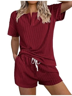 Womens 2 Piece Lounge Sets Ribbed Knit Pajama Tops Sleepwear Sweatsuits Matching Shorts with Pockets