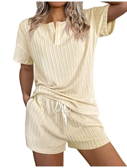 Womens 2 Piece Lounge Sets Ribbed Knit Pajama Tops Sleepwear Sweatsuits Matching Shorts with Pockets