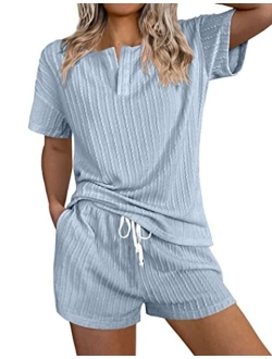 Womens 2 Piece Lounge Sets Ribbed Knit Pajama Tops Sleepwear Sweatsuits Matching Shorts with Pockets