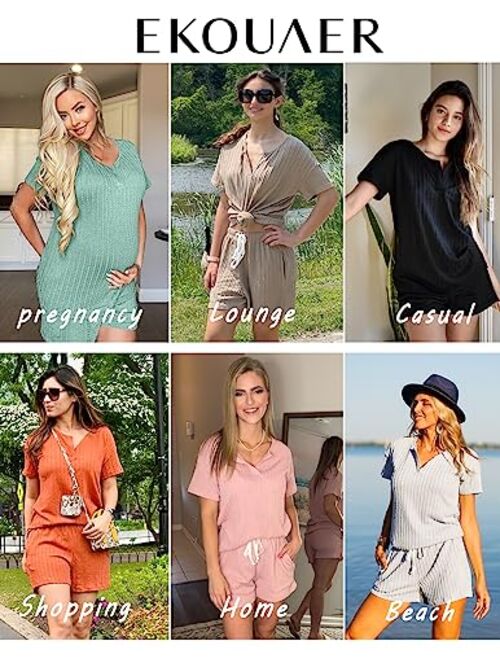 Ekouaer Womens 2 Piece Lounge Sets Ribbed Knit Pajama Tops Sleepwear Sweatsuits Matching Shorts with Pockets