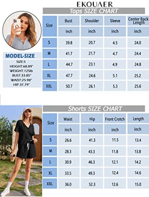 Ekouaer Womens 2 Piece Lounge Sets Ribbed Knit Pajama Tops Sleepwear Sweatsuits Matching Shorts with Pockets