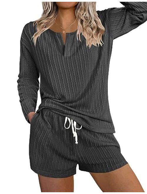 Ekouaer Womens 2 Piece Lounge Sets Ribbed Knit Pajama Tops Sleepwear Sweatsuits Matching Shorts with Pockets