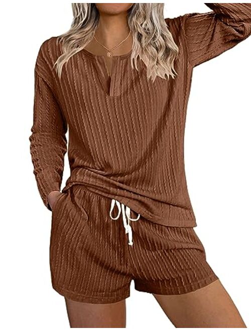 Ekouaer Womens 2 Piece Lounge Sets Ribbed Knit Pajama Tops Sleepwear Sweatsuits Matching Shorts with Pockets