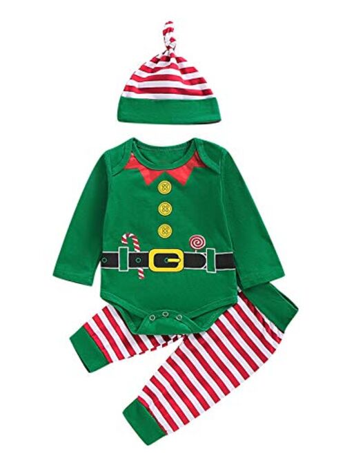 Happidoo 3PCS Baby Boy Girl Christmas Outfit Elf Long Sleeves Romper with Hat