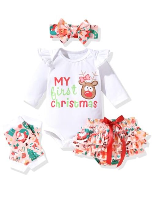 Fioukiay Newborn Baby Girls Christmas Clothes Outfits Infant Reindeer My First Christmas Bodysuit Romper Shorts Clothing Sets for Xmax