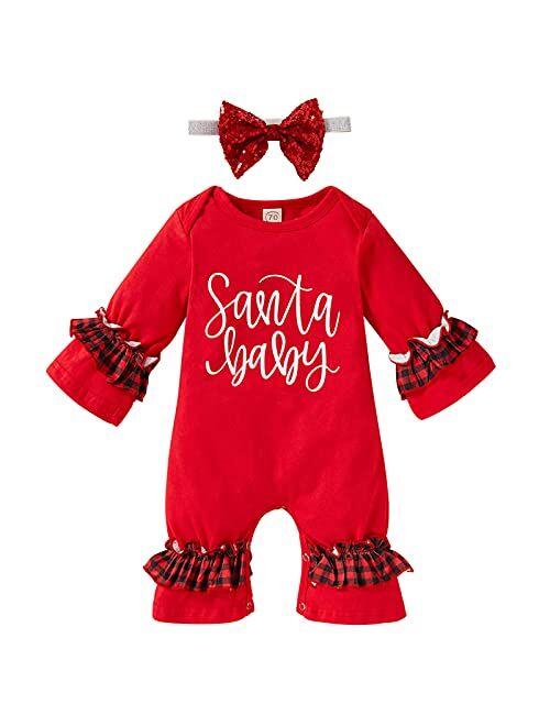 GRNSHTS My First Christmas Baby Girl Outfits Ruffle Letter Print Romper+Flared Pants 3PCS Xmas Clothes