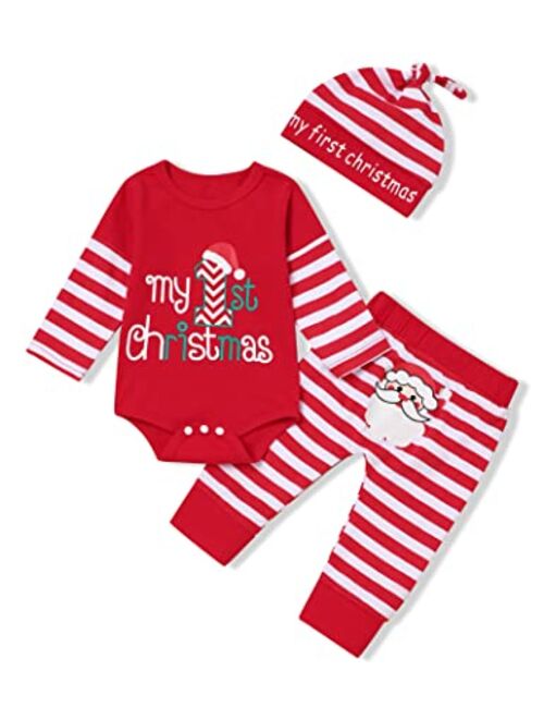 bilison My 1st Christmas Outfit Newborn Baby Boy Long Sleeve Romper Striped Pants with Hat Christmas Clothes Sets