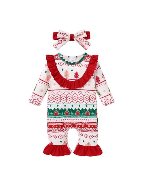 YOUNGER TREE Newborn Baby Girl Christmas Romper Long Sleeve Santa Snowman Printed One Piece Jumpsuit Headband Outfits Clothes