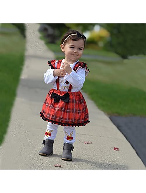 AMAWMW My First Christmas Baby Girl Outfit Newborn 1st Christmas Clothes Xmas Reindeer Romper Buffalo Plaid Suspender Skirt