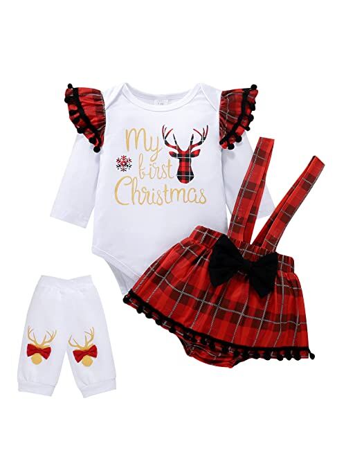 AMAWMW My First Christmas Baby Girl Outfit Newborn 1st Christmas Clothes Xmas Reindeer Romper Buffalo Plaid Suspender Skirt