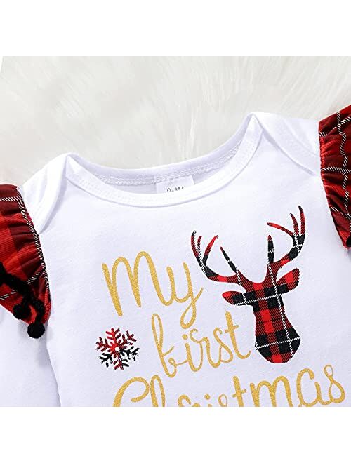 AMAWMW My First Christmas Baby Girl Outfit Newborn 1st Christmas Clothes Xmas Reindeer Romper Buffalo Plaid Suspender Skirt