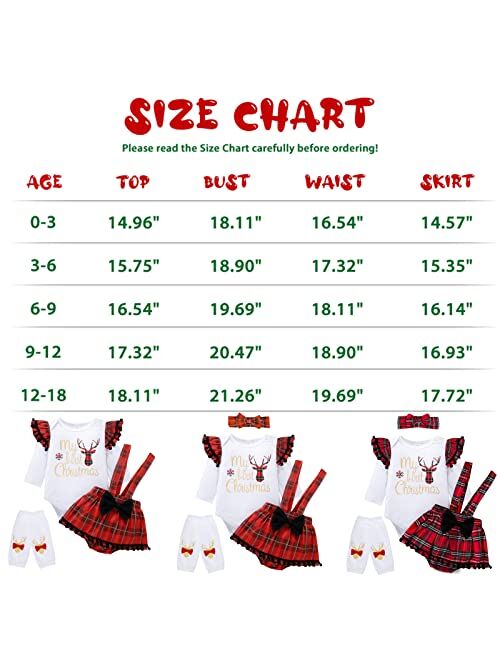 AMAWMW My First Christmas Baby Girl Outfit Newborn 1st Christmas Clothes Xmas Reindeer Romper Buffalo Plaid Suspender Skirt