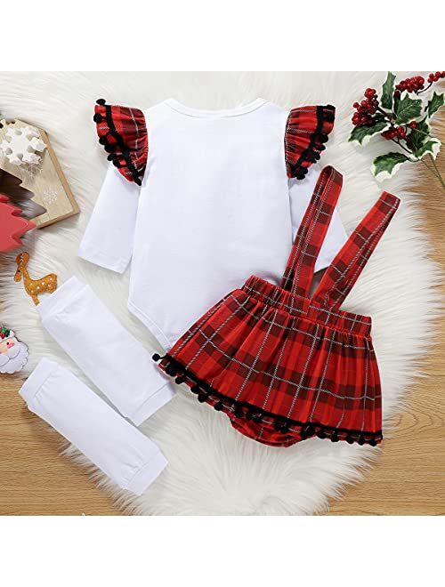 AMAWMW My First Christmas Baby Girl Outfit Newborn 1st Christmas Clothes Xmas Reindeer Romper Buffalo Plaid Suspender Skirt