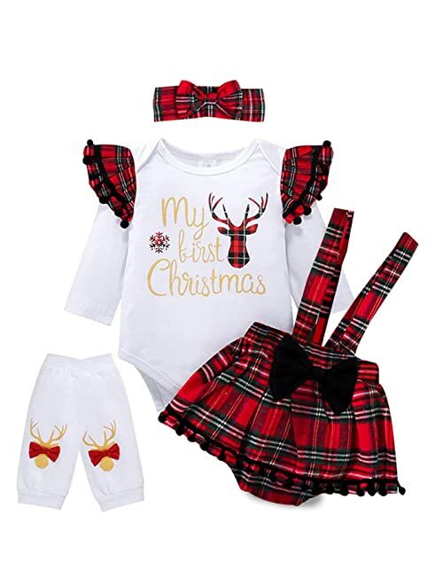 AMAWMW My First Christmas Baby Girl Outfit Newborn 1st Christmas Clothes Xmas Reindeer Romper Buffalo Plaid Suspender Skirt