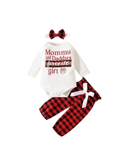 Noubeau Newborn Christmas Outfits Santa Baby Long Sleeve Romper +Bowknot Red Plaids Pants Pajamas Headband Set