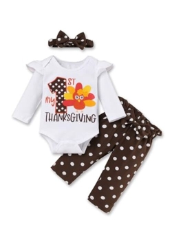 Tuemos Thanksgiving Outfits Baby Girl My First Thanksgiving Romper+Polka Dot Pant+Headband Baby Girl Thanksgiving Clothes Set