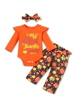 Tuemos Thanksgiving Outfits Baby Girl My First Thanksgiving Romper+Polka Dot Pant+Headband Baby Girl Thanksgiving Clothes Set