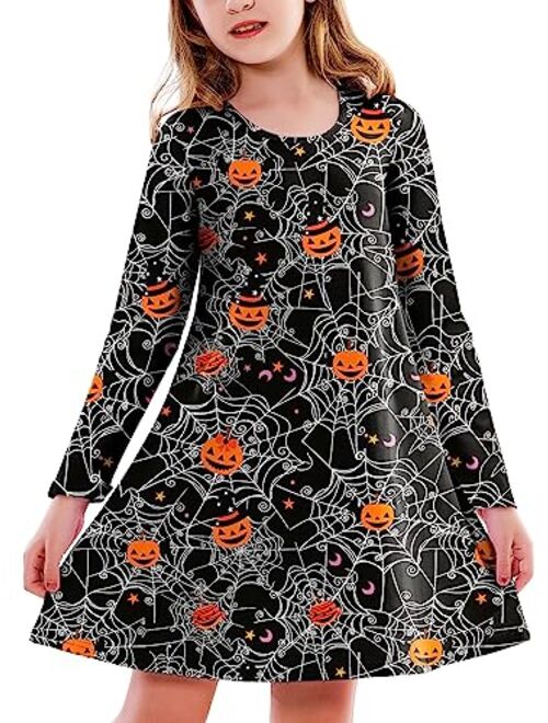 Deerose Girls Halloween Dress Long Sleeve Printed Swing Dresses Fancy Tshirt Dress 3-12 Years