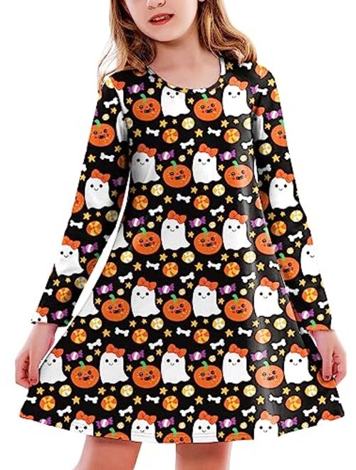 Deerose Girls Halloween Dress Long Sleeve Printed Swing Dresses Fancy Tshirt Dress 3-12 Years