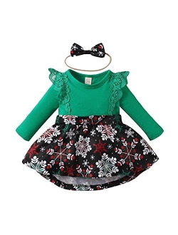 Guodeunh 1st Christmas Outfit Newborn Baby Girl Flutter Lace Long Sleeve Top Floral Skirt Bodysuit Xmas Dress Headband