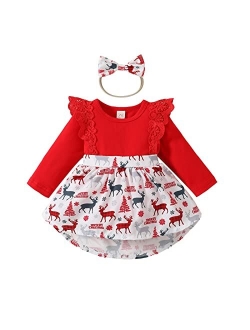 Guodeunh 1st Christmas Outfit Newborn Baby Girl Flutter Lace Long Sleeve Top Floral Skirt Bodysuit Xmas Dress Headband