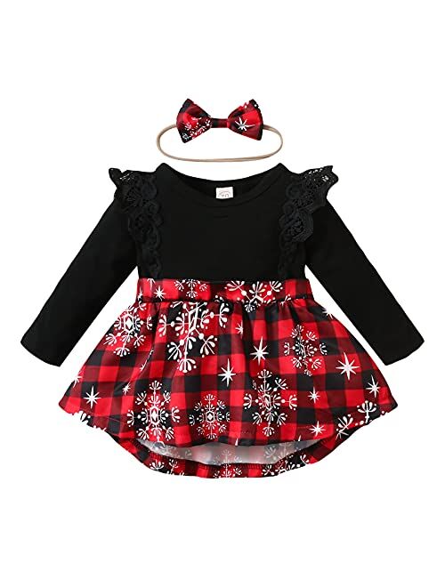 Guodeunh 1st Christmas Outfit Newborn Baby Girl Flutter Lace Long Sleeve Top Floral Skirt Bodysuit Xmas Dress Headband