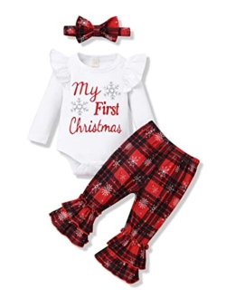 Okgirl My First Christmas Outfits Newborn Baby Girl Clothes Ruffle Sleeve Tops+Santa Pants with Headband Clothing Set