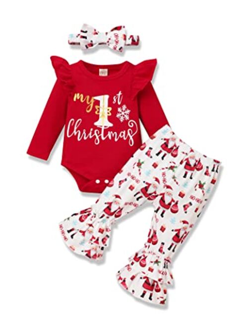 Okgirl My First Christmas Outfits Newborn Baby Girl Clothes Ruffle Sleeve Tops+Santa Pants with Headband Clothing Set